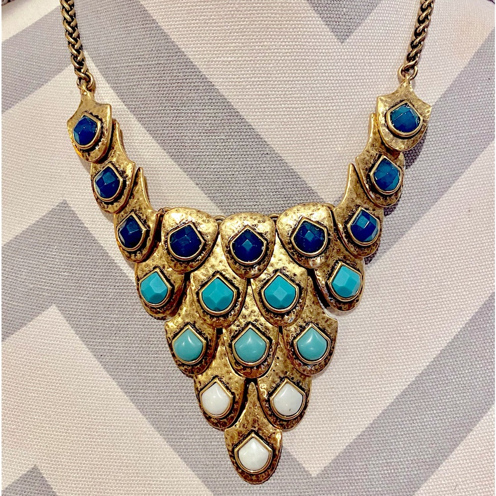 Lucky Brand Faux Turquoise Gold Tone Waterfall Statement Boho Hippie Necklace